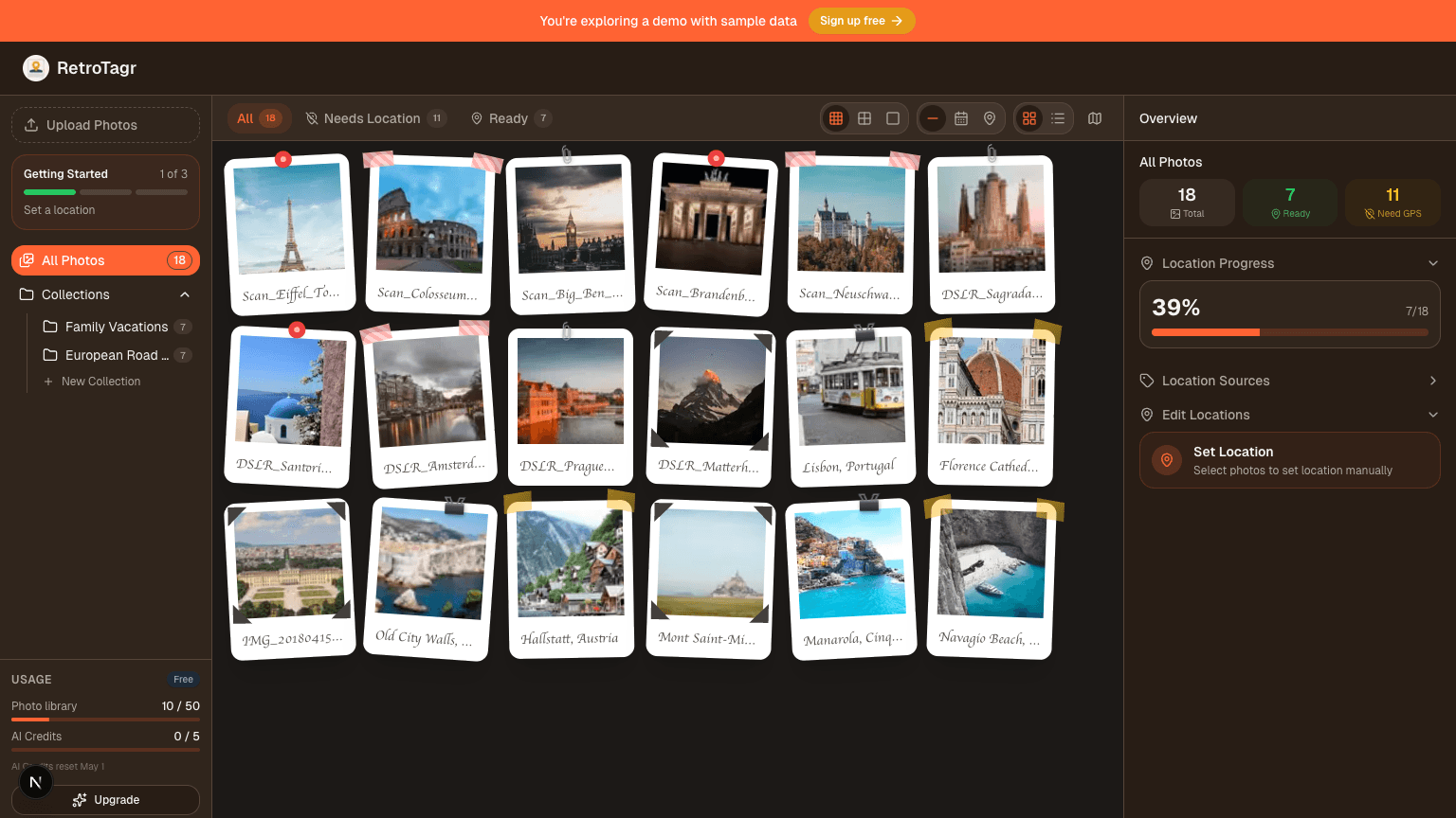 RetroTagr dashboard showing geotagged photos on a map